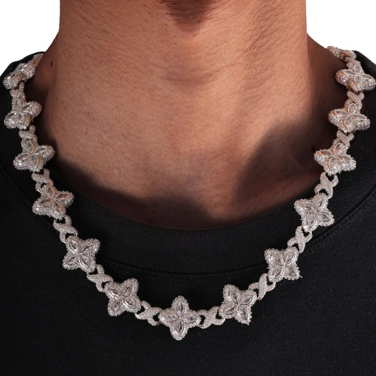 18" Flower VVS Moissanite Iced Out Cuban Link Chain Necklace